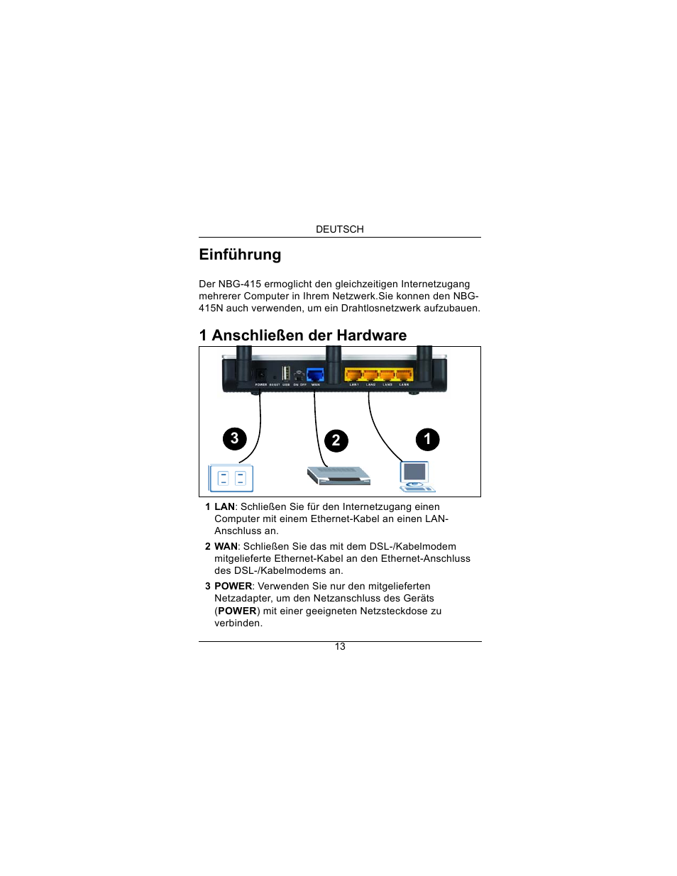 Deutsch, Einführung, 1 anschließen der hardware | ZyXEL Communications Draft 802.11n Wireless Broadband 1-NBG-415N User Manual | Page 14 / 109