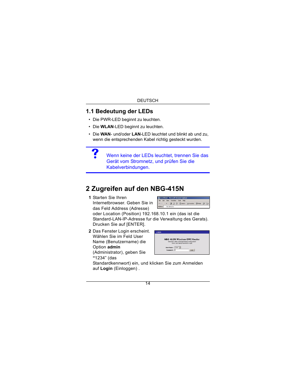 2 zugreifen auf den nbg-415n | ZyXEL Communications Draft 802.11n Wireless Broadband 1-NBG-415N User Manual | Page 15 / 109