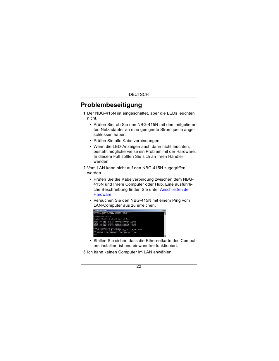 Problembeseitigung | ZyXEL Communications Draft 802.11n Wireless Broadband 1-NBG-415N User Manual | Page 23 / 109