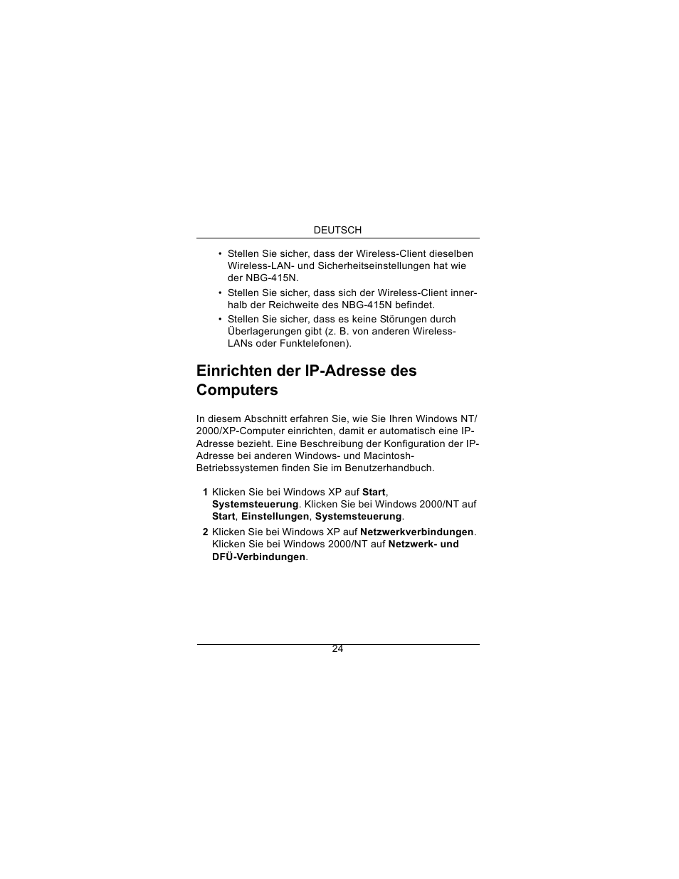 Einrichten der ip-adresse des computers | ZyXEL Communications Draft 802.11n Wireless Broadband 1-NBG-415N User Manual | Page 25 / 109