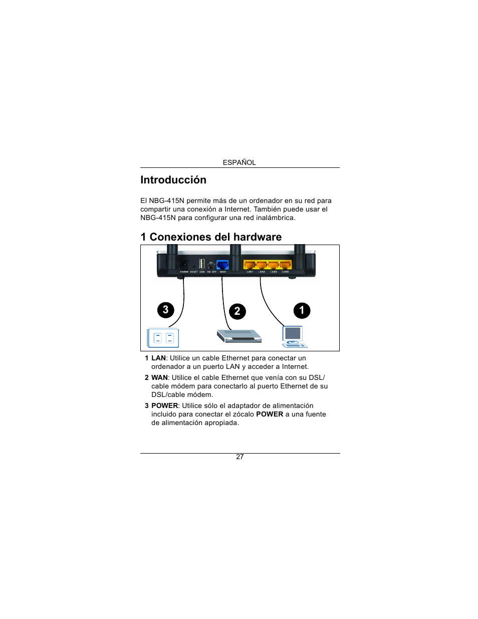 Español, Introducción, 1 conexiones del hardware | ZyXEL Communications Draft 802.11n Wireless Broadband 1-NBG-415N User Manual | Page 28 / 109