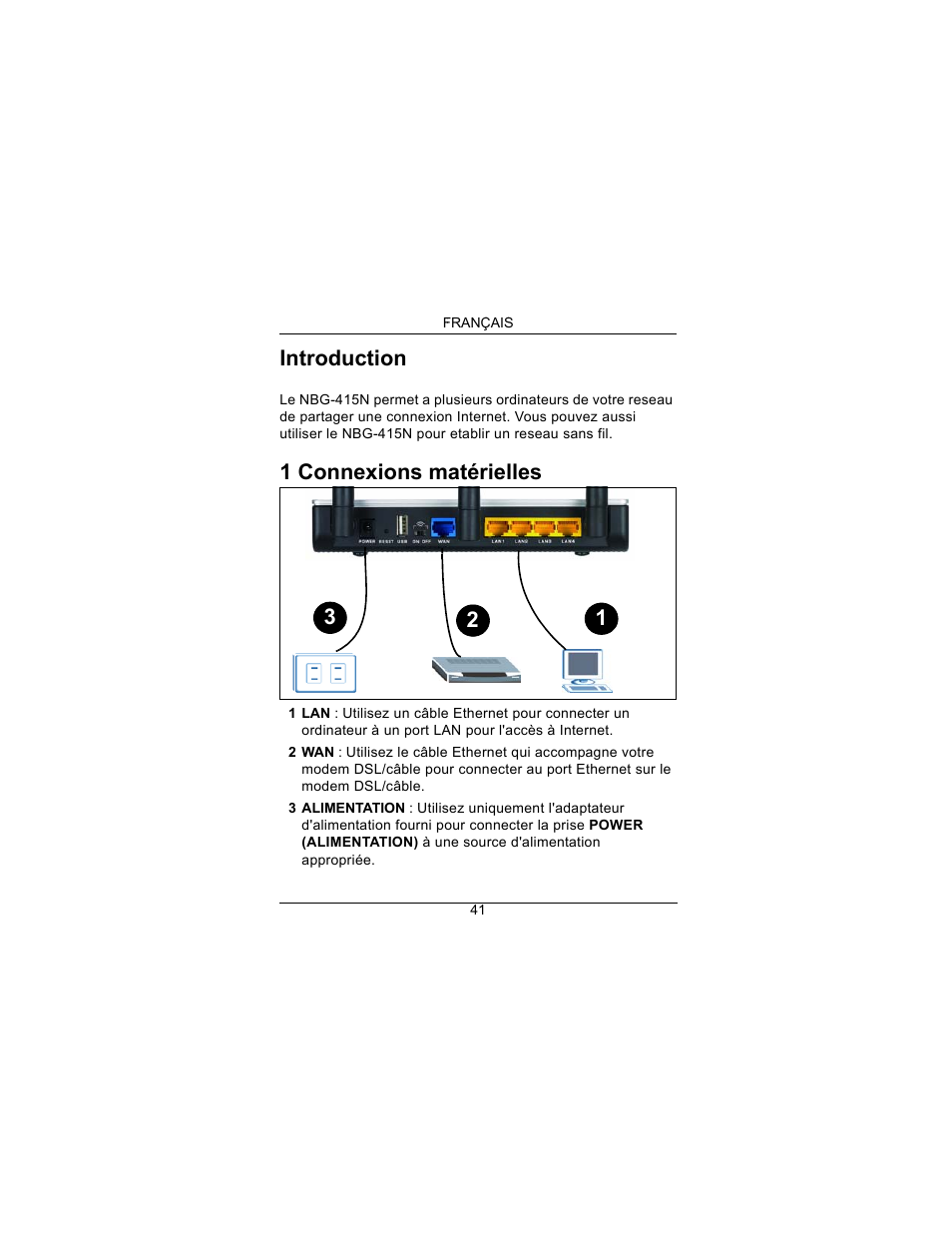 Français, Introduction, 1 connexions matérielles | ZyXEL Communications Draft 802.11n Wireless Broadband 1-NBG-415N User Manual | Page 42 / 109