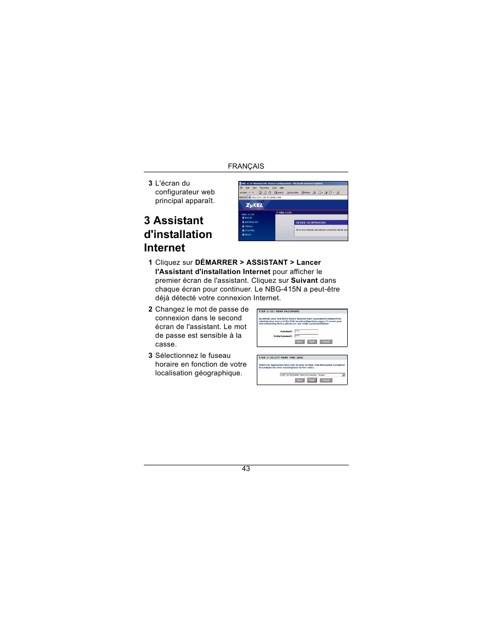 3 assistant d'installation internet | ZyXEL Communications Draft 802.11n Wireless Broadband 1-NBG-415N User Manual | Page 44 / 109