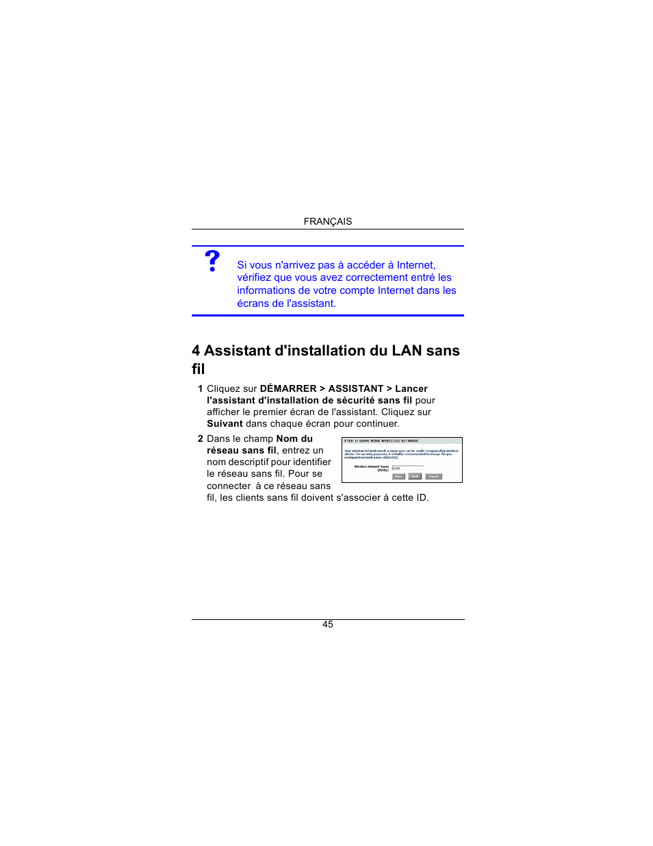 4 assistant d'installation du lan sans fil | ZyXEL Communications Draft 802.11n Wireless Broadband 1-NBG-415N User Manual | Page 46 / 109