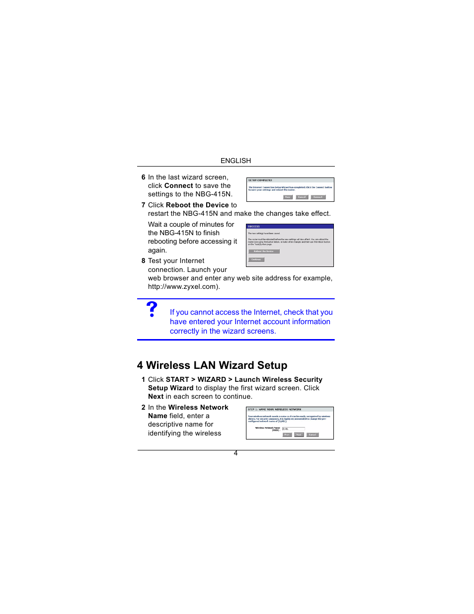 4 wireless lan wizard setup | ZyXEL Communications Draft 802.11n Wireless Broadband 1-NBG-415N User Manual | Page 5 / 109