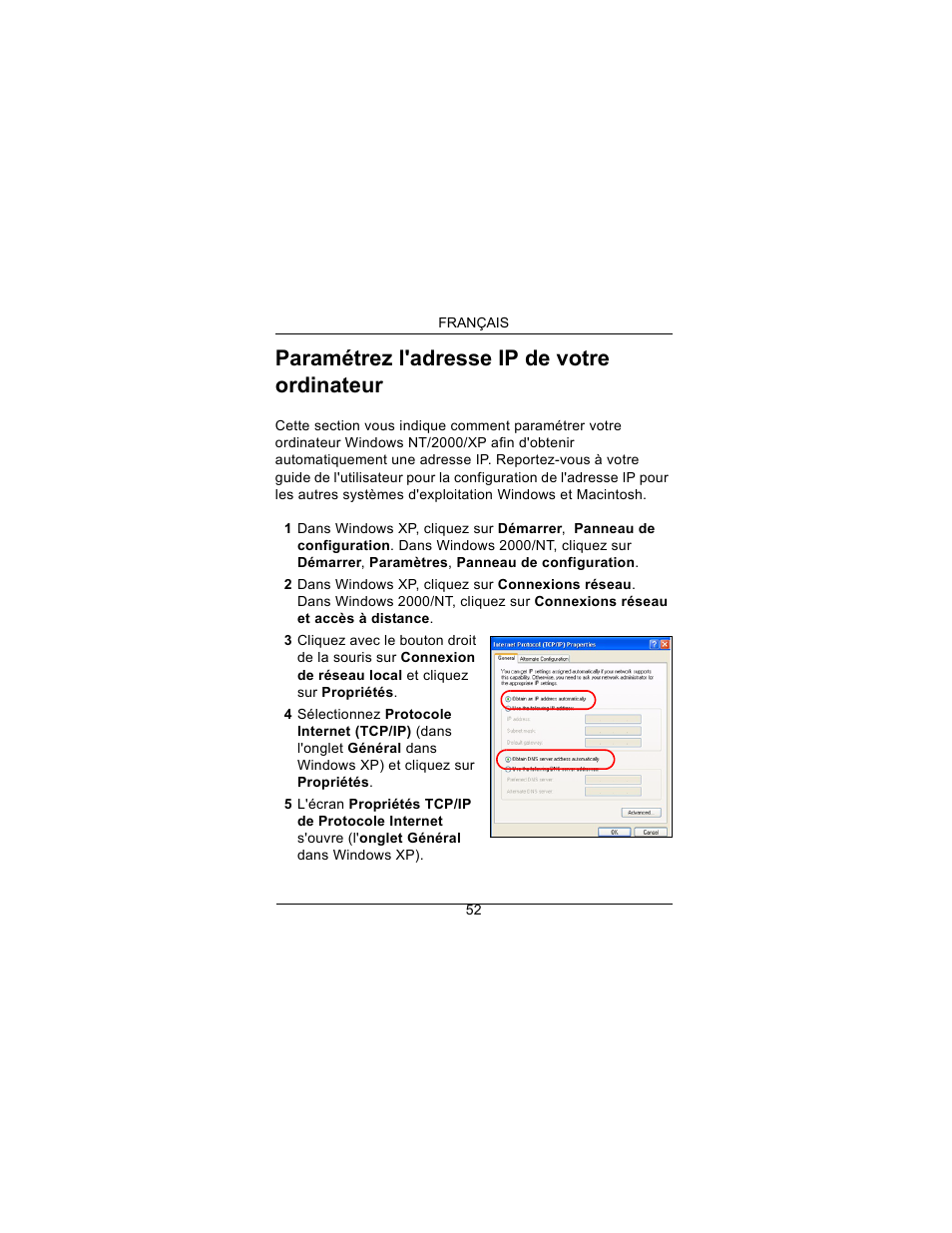 Paramétrez l'adresse ip de votre ordinateur | ZyXEL Communications Draft 802.11n Wireless Broadband 1-NBG-415N User Manual | Page 53 / 109