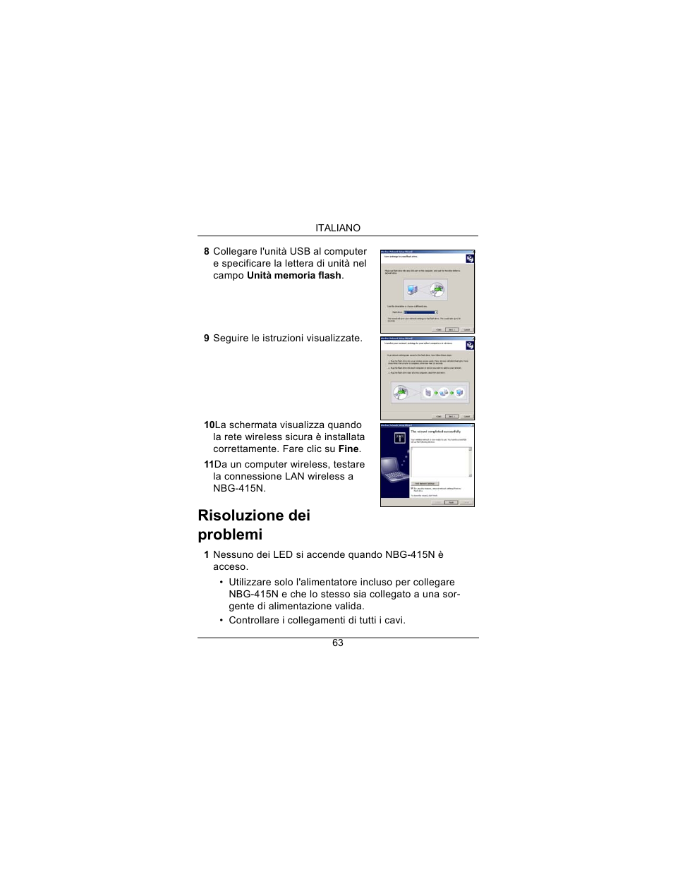 Risoluzione dei problemi | ZyXEL Communications Draft 802.11n Wireless Broadband 1-NBG-415N User Manual | Page 64 / 109
