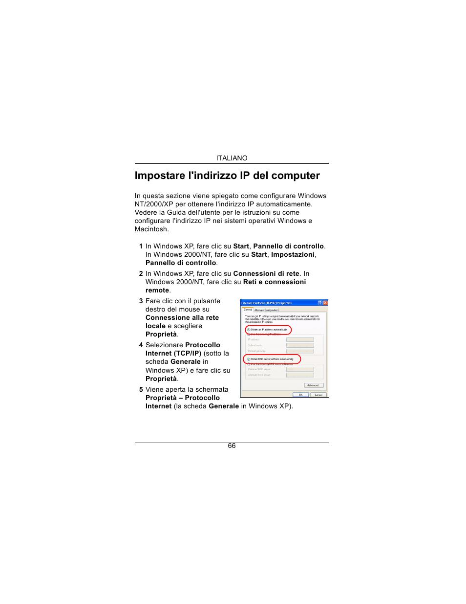 Impostare l'indirizzo ip del computer | ZyXEL Communications Draft 802.11n Wireless Broadband 1-NBG-415N User Manual | Page 67 / 109
