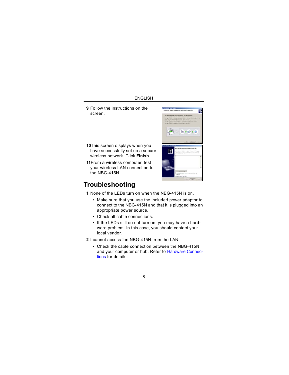 Troubleshooting | ZyXEL Communications Draft 802.11n Wireless Broadband 1-NBG-415N User Manual | Page 9 / 109