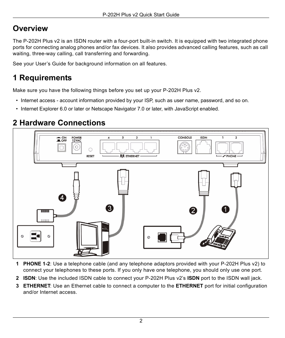 1 requirements, 2 hardware connections, Overview | ZyXEL Communications P-202H Plus v2 User Manual | Page 2 / 8