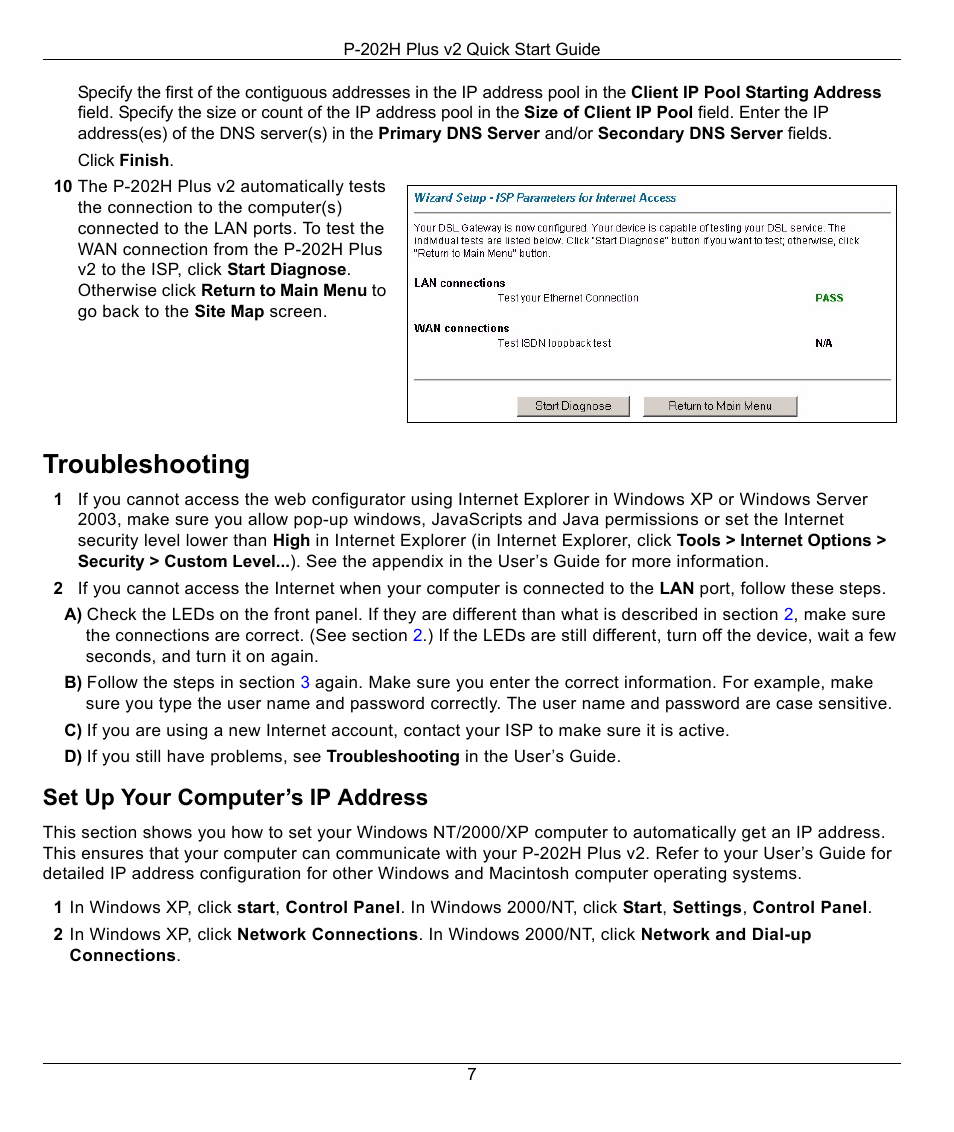 Troubleshooting, Set up your computer’s ip address | ZyXEL Communications P-202H Plus v2 User Manual | Page 7 / 8