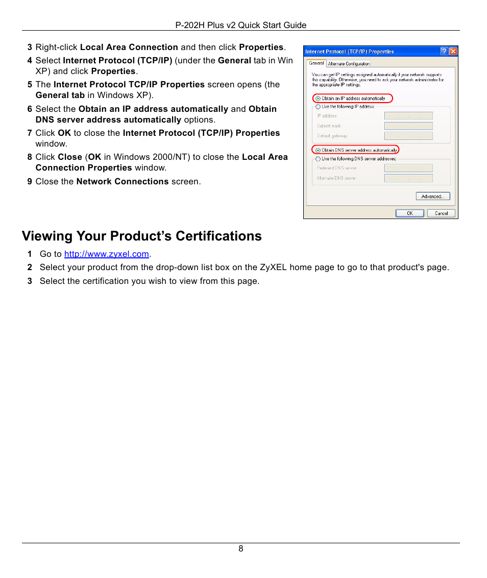 Viewing your product’s certifications | ZyXEL Communications P-202H Plus v2 User Manual | Page 8 / 8