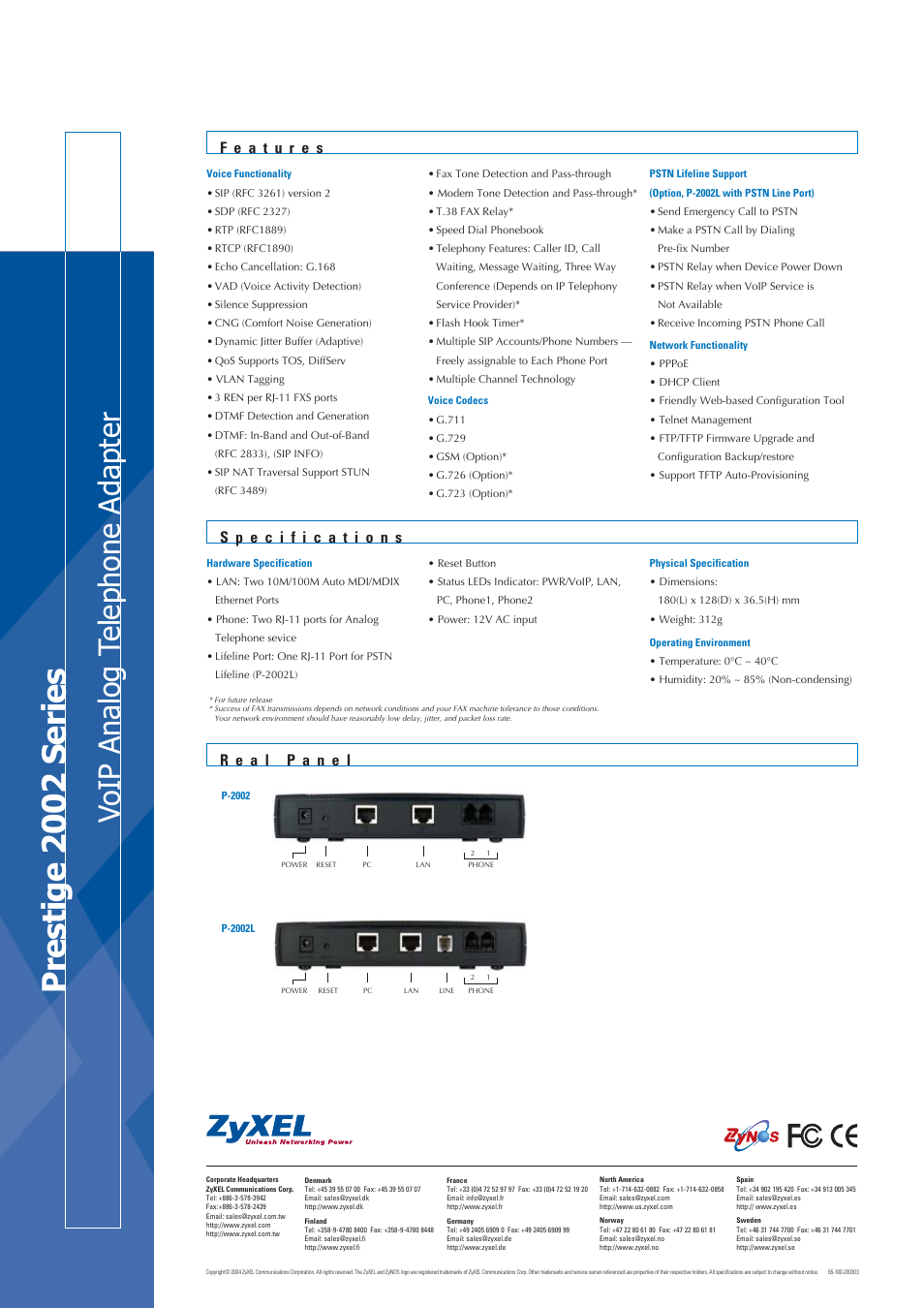 Prestige 2002 series, Voip analog t elephone adapter | ZyXEL Communications PRESTIGE P-2002 User Manual | Page 2 / 2