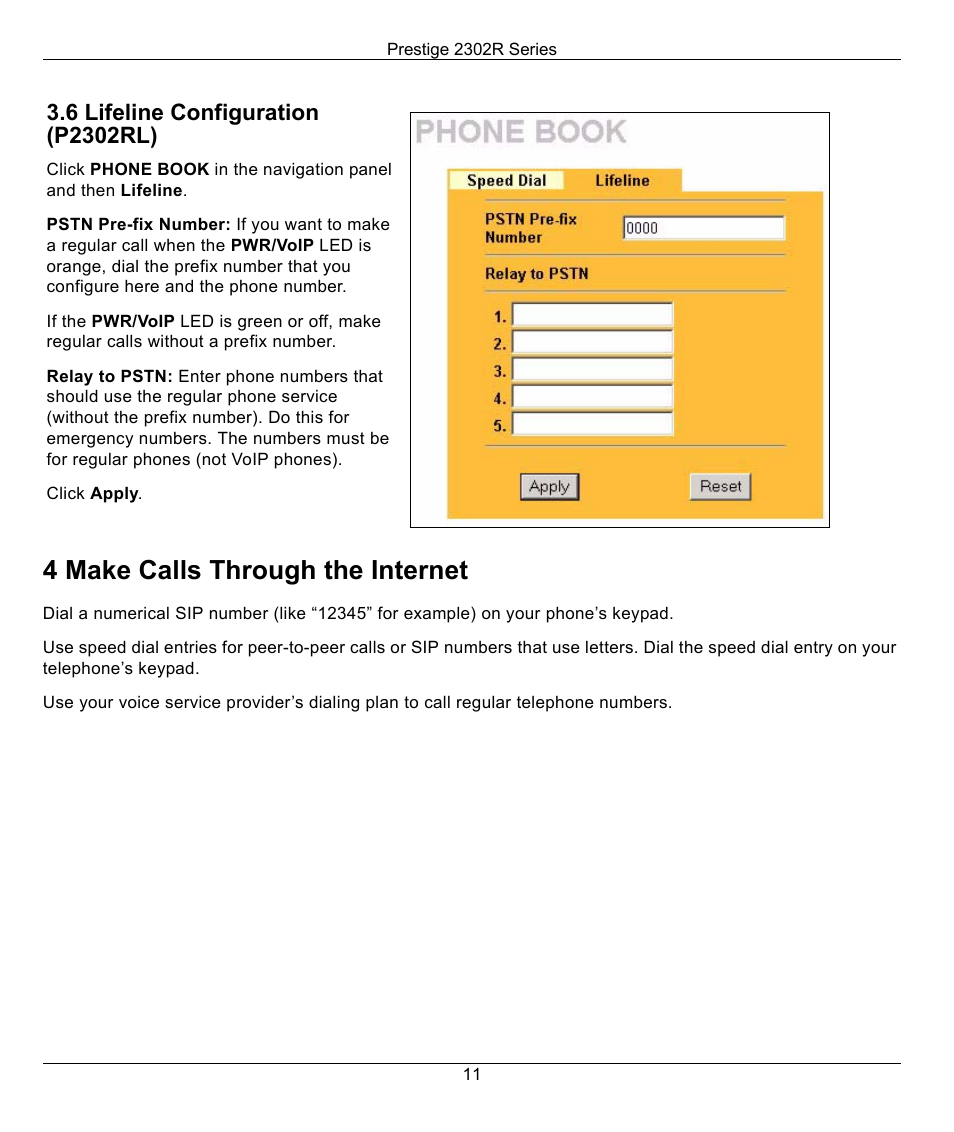 6 lifeline configuration (p2302rl), 4 make calls through the internet | ZyXEL Communications Prestige 2302R User Manual | Page 11 / 14