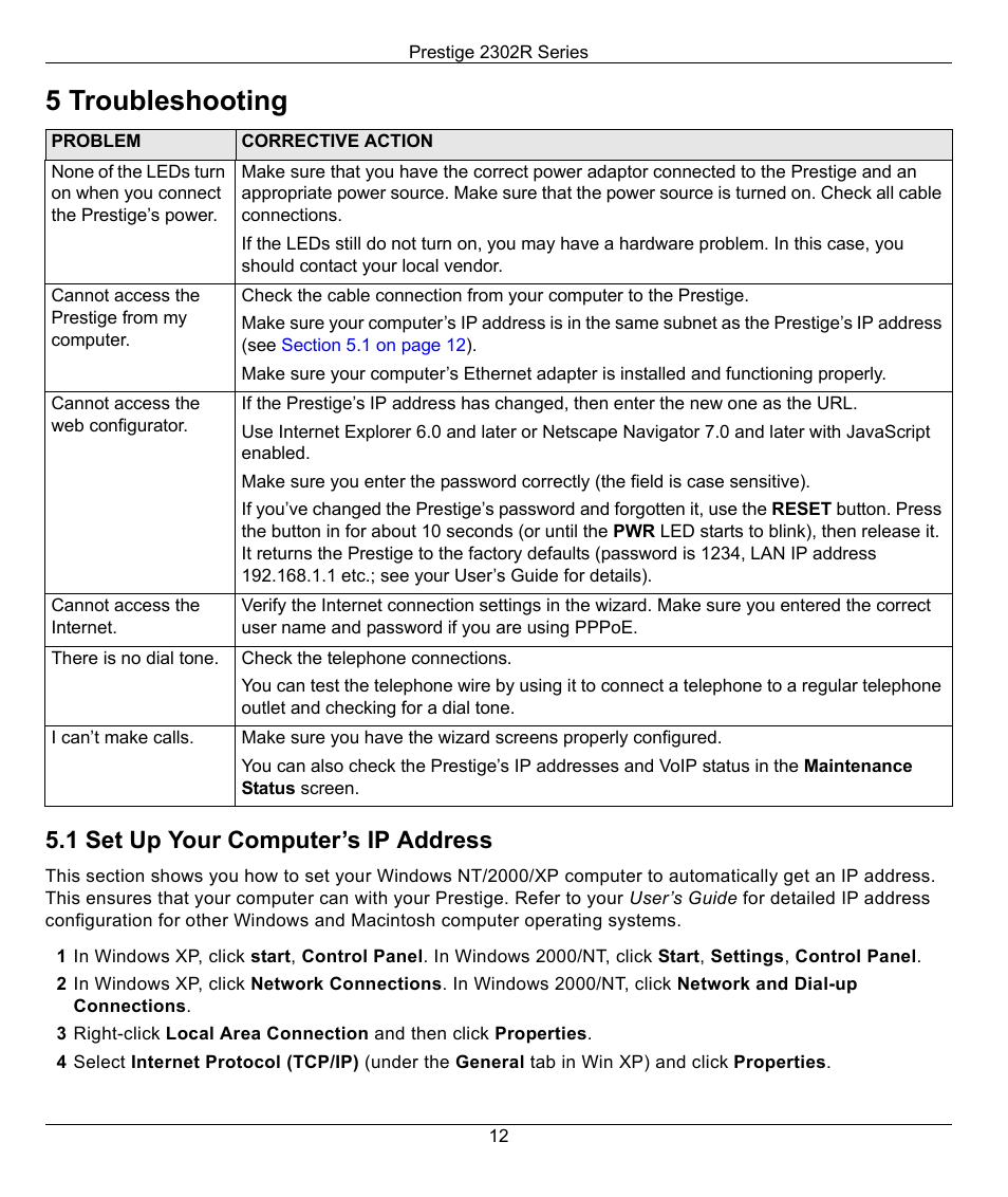 5 troubleshooting, 1 set up your computer’s ip address | ZyXEL Communications Prestige 2302R User Manual | Page 12 / 14