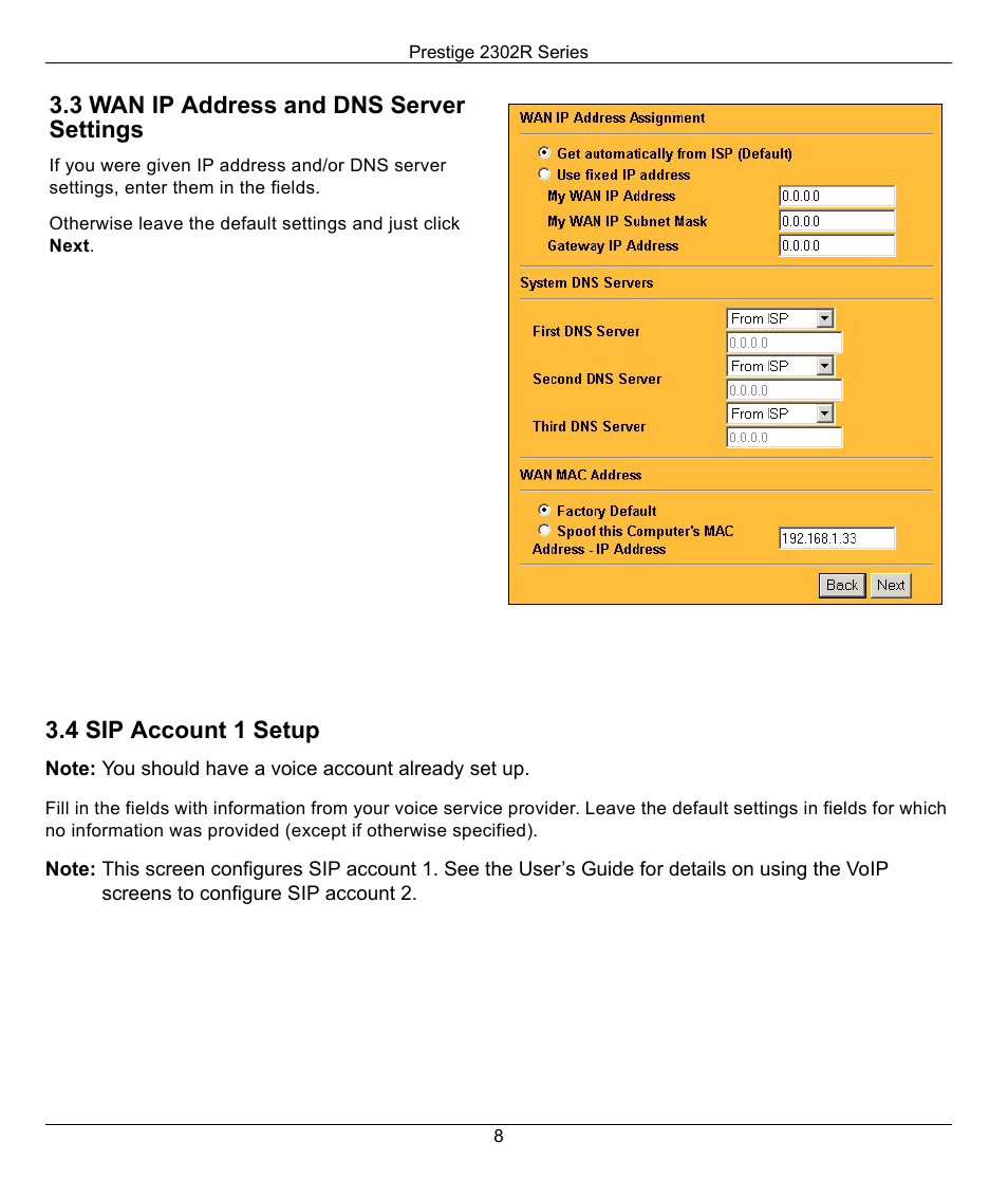 3 wan ip address and dns server settings, 4 sip account 1 setup | ZyXEL Communications Prestige 2302R User Manual | Page 8 / 14