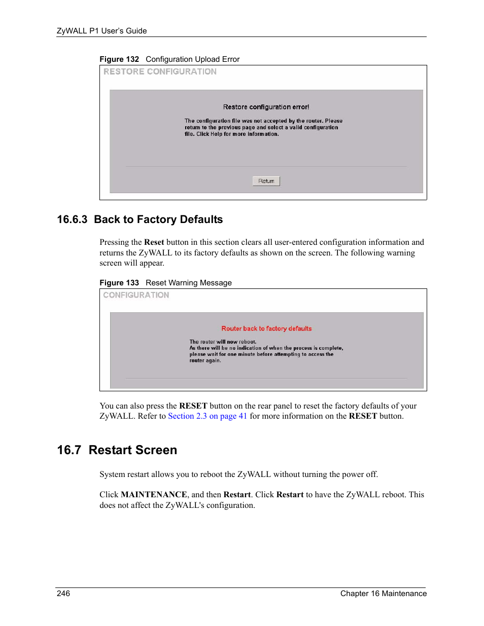 3 back to factory defaults, 7 restart screen | ZyXEL Communications ZyXEL ZyWALL P1 User Manual | Page 247 / 369