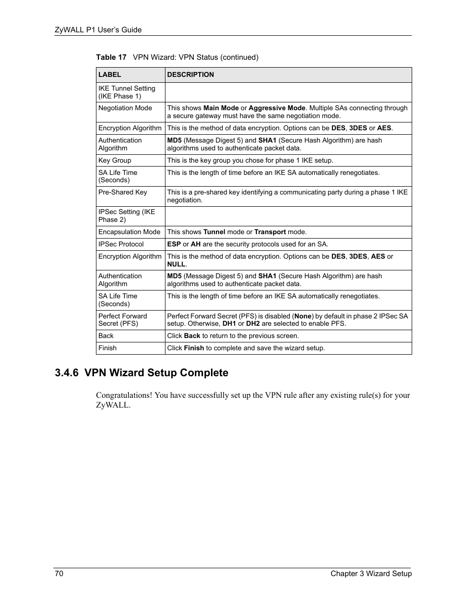 6 vpn wizard setup complete | ZyXEL Communications ZyXEL ZyWALL P1 User Manual | Page 71 / 369
