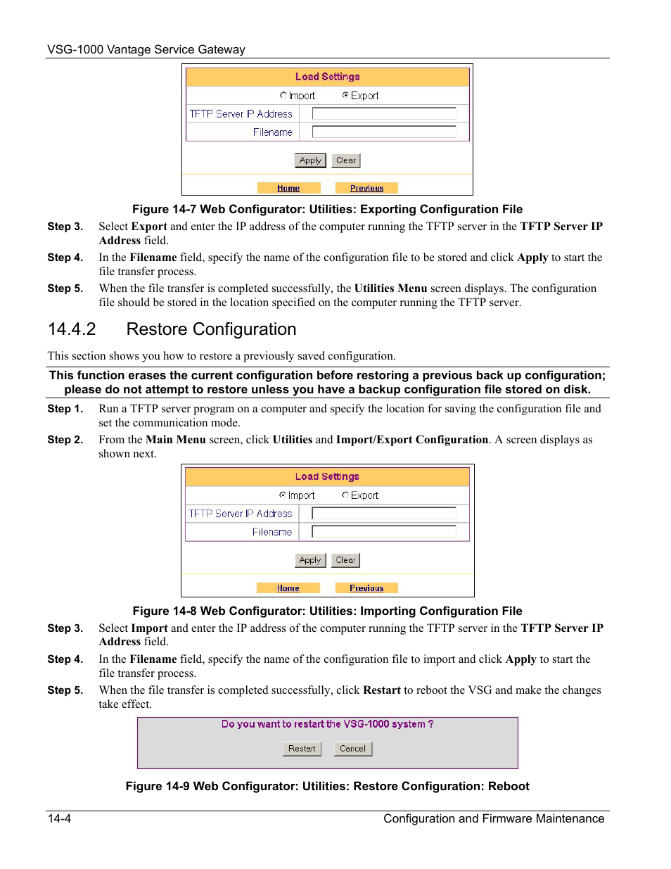 Restore configuration, 2 restore configuration | ZyXEL Communications ZyXEL Vantage VSG-1000 User Manual | Page 100 / 131