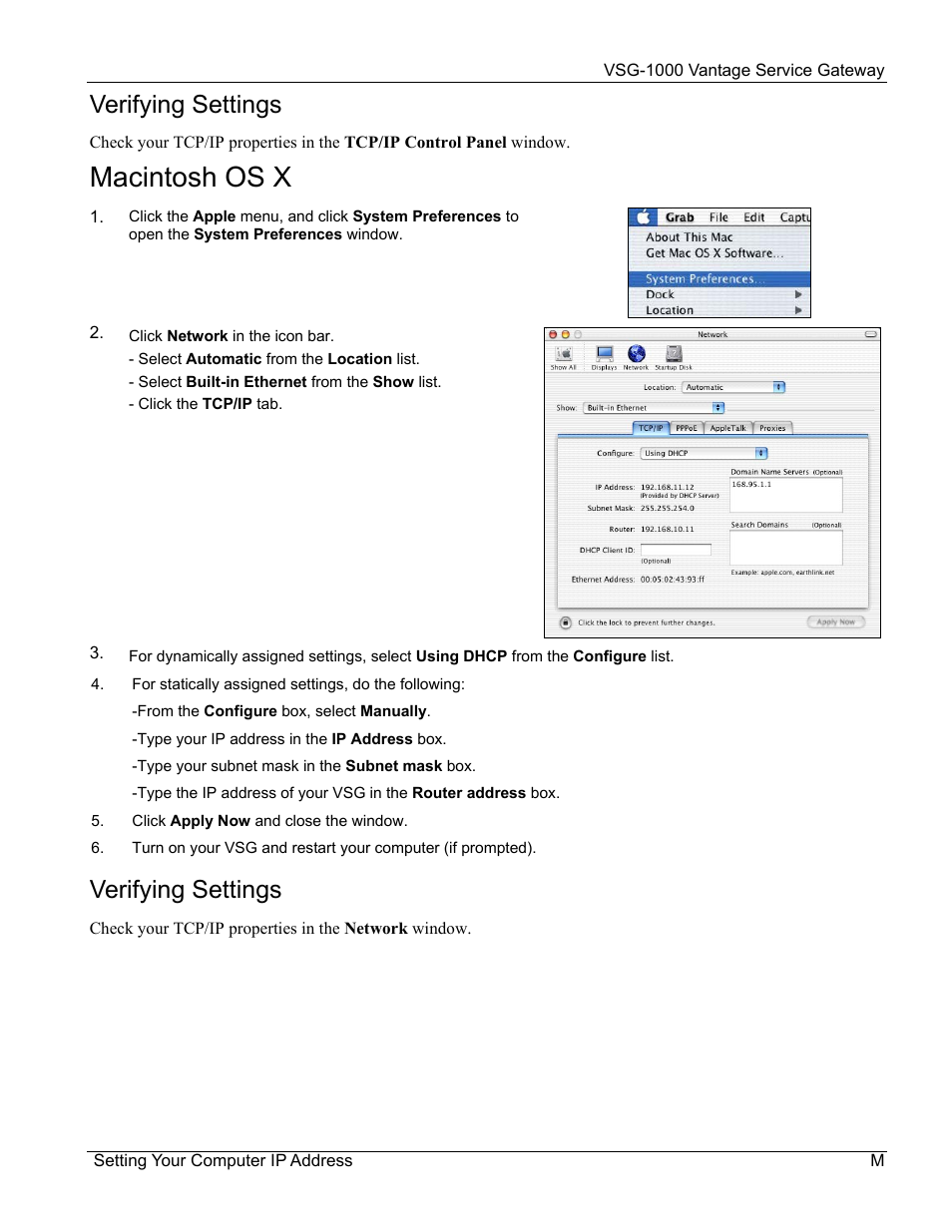 Macintosh os x, Verifying settings | ZyXEL Communications ZyXEL Vantage VSG-1000 User Manual | Page 119 / 131
