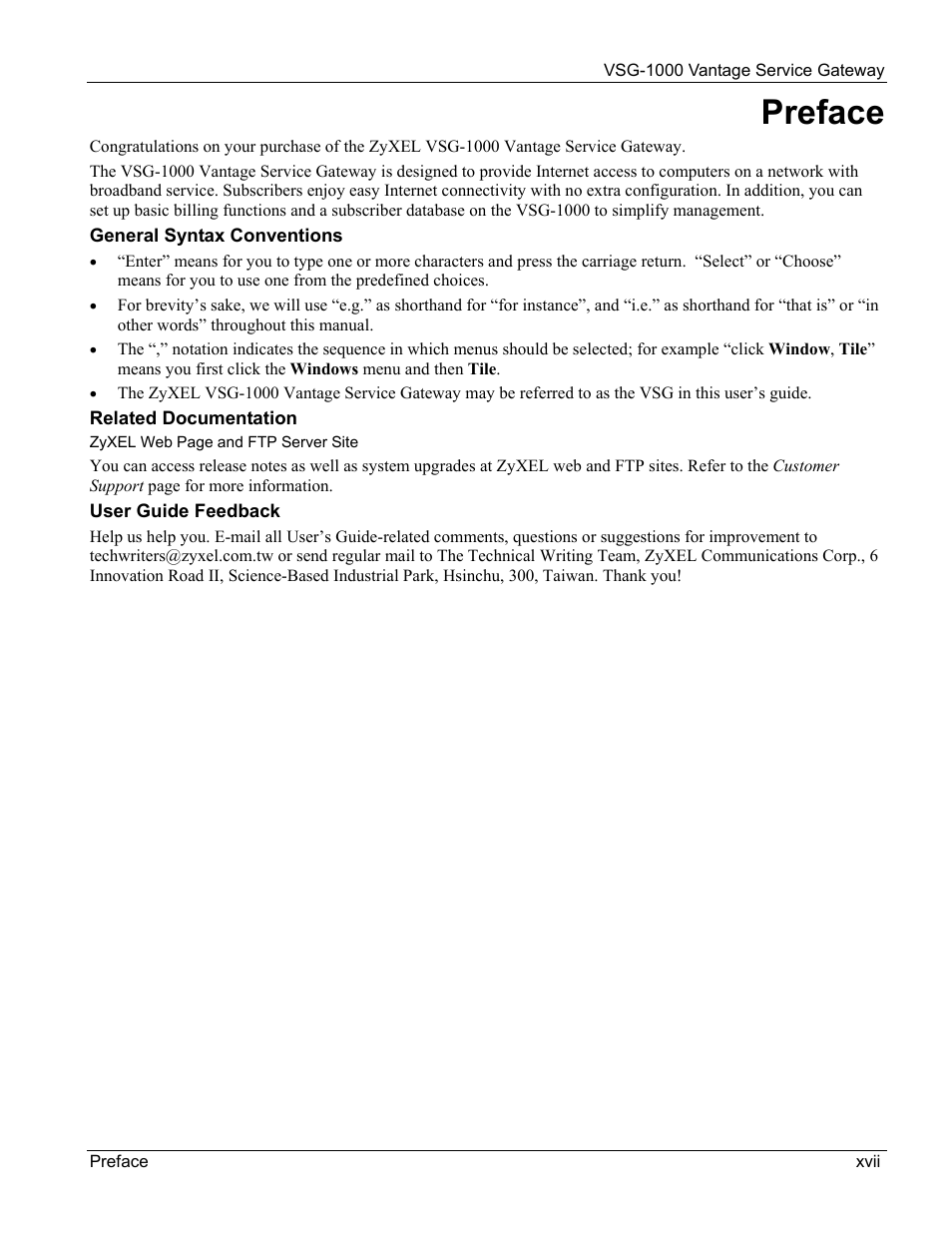 Preface | ZyXEL Communications ZyXEL Vantage VSG-1000 User Manual | Page 17 / 131