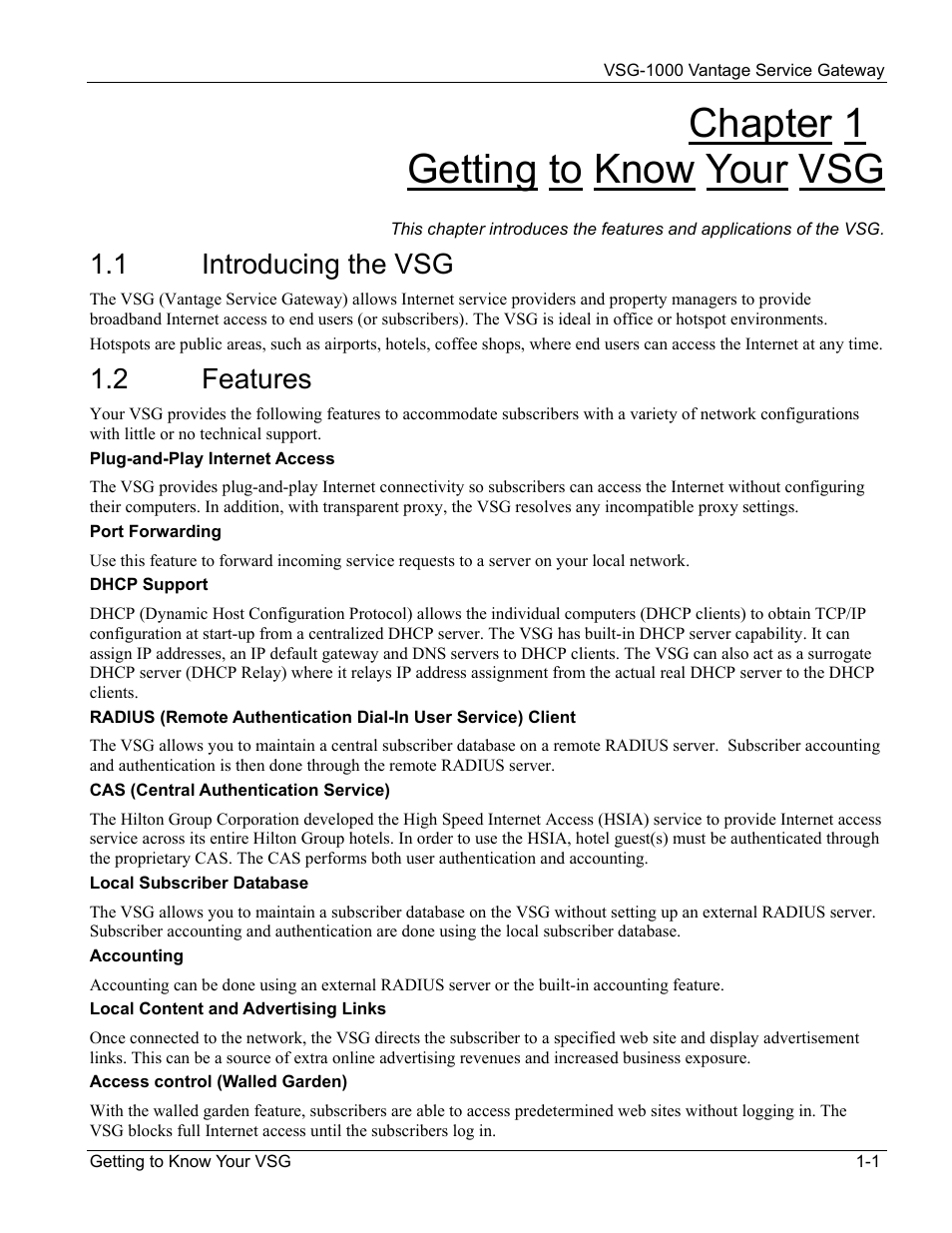 Getting to know your vsg, Introducing the vsg, Features | Chapter 1 getting to know your vsg, 1 introducing the vsg, 2 features | ZyXEL Communications ZyXEL Vantage VSG-1000 User Manual | Page 21 / 131