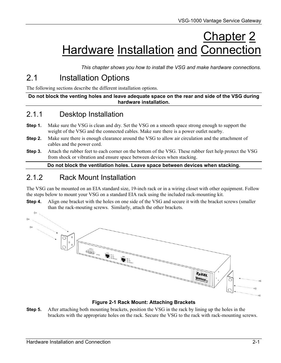 Hardware installation and connection, Installation options, Desktop installation | Rack mount installation, Chapter 2 hardware installation and connection, 1 installation options, 1 desktop installation, 2 rack mount installation | ZyXEL Communications ZyXEL Vantage VSG-1000 User Manual | Page 25 / 131