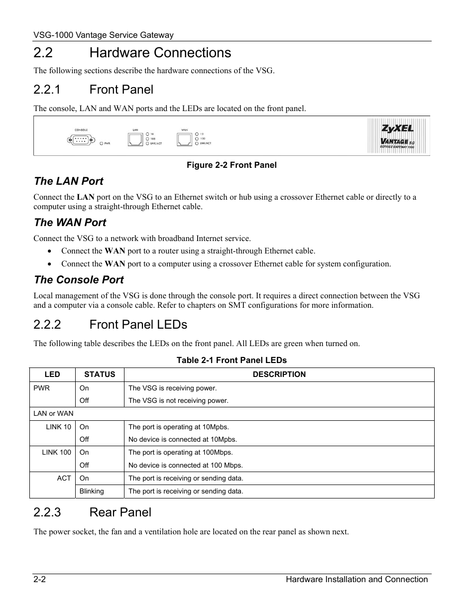 Hardware connections, Front panel, The lan port | The wan port, The console port, Front panel leds, Rear panel, 2 hardware connections, 1 front panel, 2 front panel leds | ZyXEL Communications ZyXEL Vantage VSG-1000 User Manual | Page 26 / 131