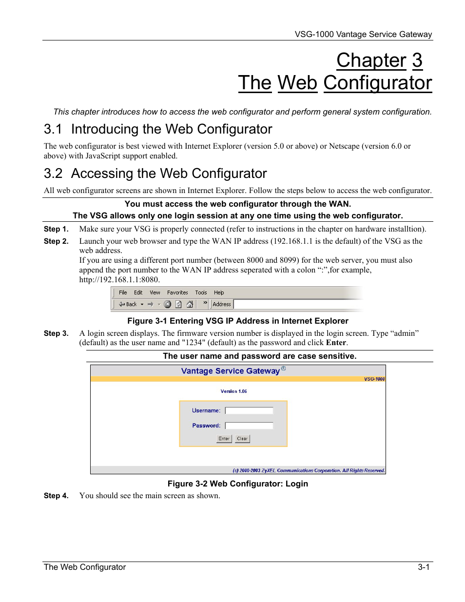 The web configurator, Introducing the web configurator, Accessing the web configurator | Chapter 3 the web configurator, 1 introducing the web configurator, 2 accessing the web configurator | ZyXEL Communications ZyXEL Vantage VSG-1000 User Manual | Page 29 / 131