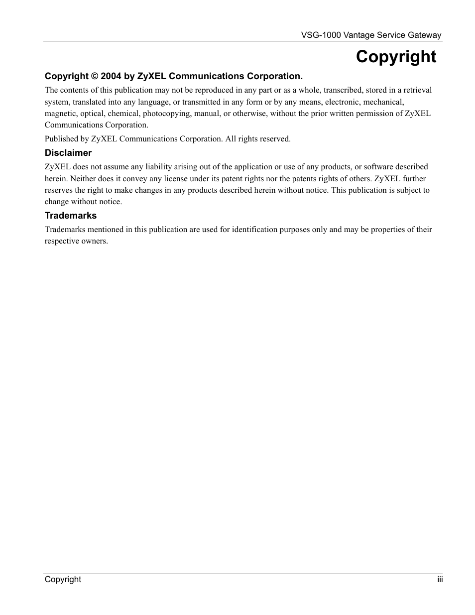 Copyright | ZyXEL Communications ZyXEL Vantage VSG-1000 User Manual | Page 3 / 131
