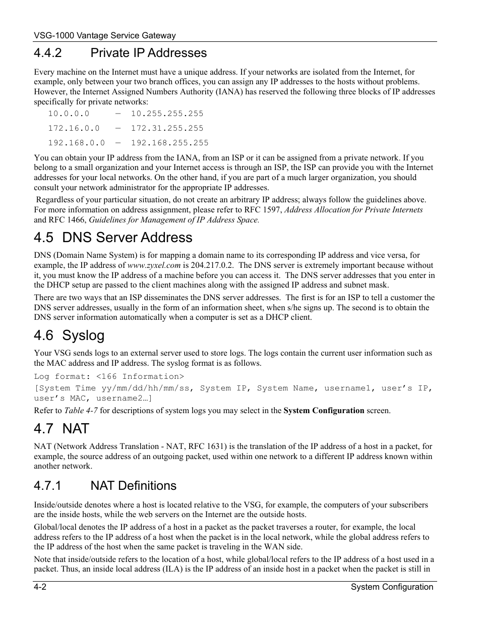 Private ip addresses, Dns server address, Syslog | Nat definitions, 5 dns server address, 6 syslog, 7 nat | ZyXEL Communications ZyXEL Vantage VSG-1000 User Manual | Page 36 / 131