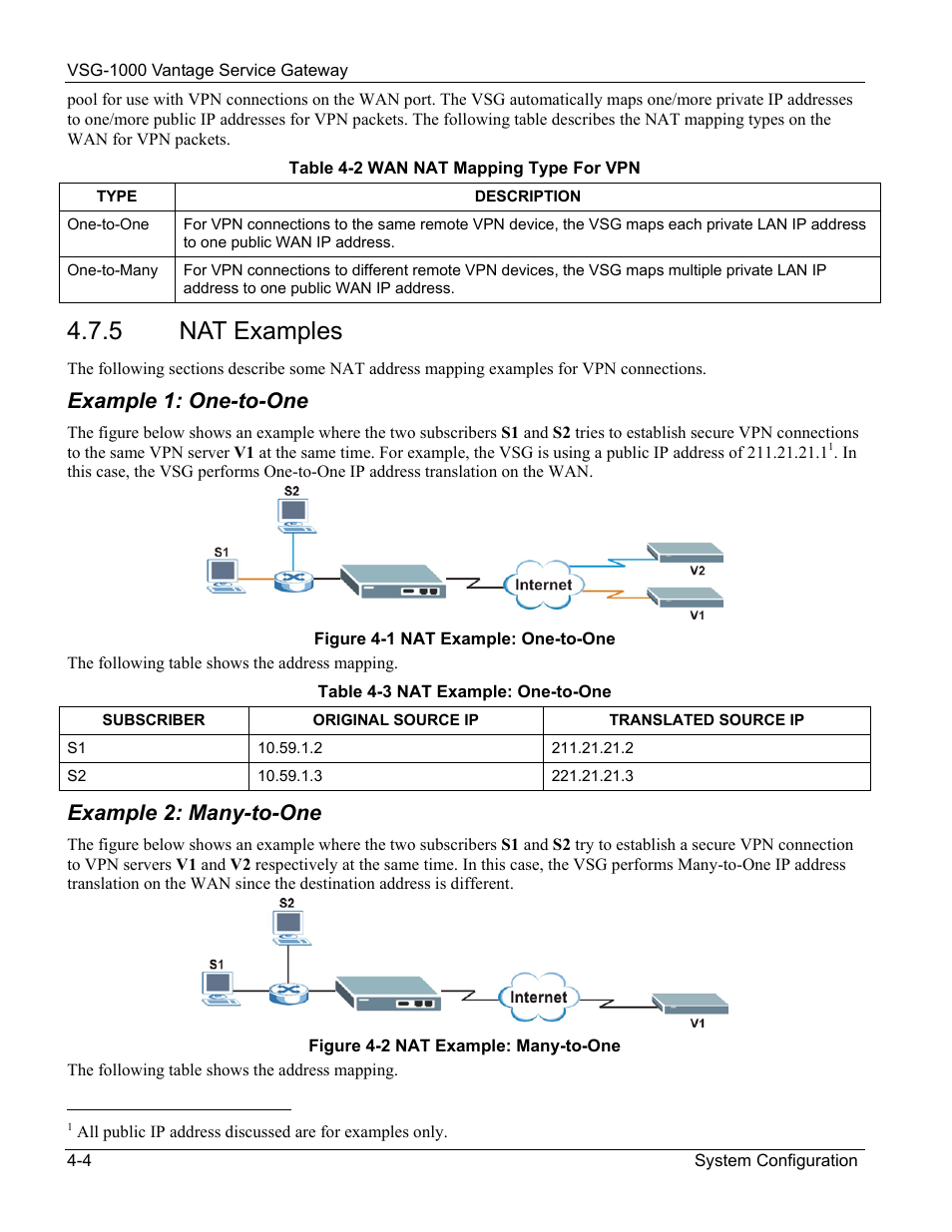 Nat examples, Example 1: one-to-one, Example 2: many-to-one | 5 nat examples | ZyXEL Communications ZyXEL Vantage VSG-1000 User Manual | Page 38 / 131