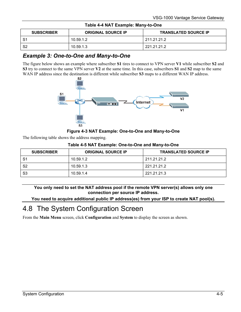 Example 3: one-to-one and many-to-one, The system configuration screen, 8 the system configuration screen | ZyXEL Communications ZyXEL Vantage VSG-1000 User Manual | Page 39 / 131