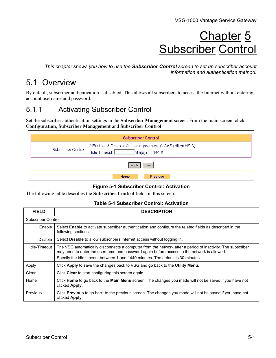 Subscriber control, Overview, Activating subscriber control | Chapter 5 subscriber control, 1 overview, 1 activating subscriber control | ZyXEL Communications ZyXEL Vantage VSG-1000 User Manual | Page 45 / 131