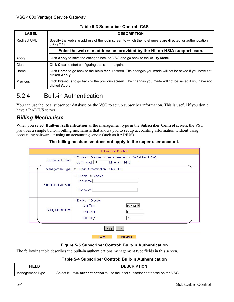 Built-in authentication, Billing mechanism, 4 built-in authentication | ZyXEL Communications ZyXEL Vantage VSG-1000 User Manual | Page 48 / 131