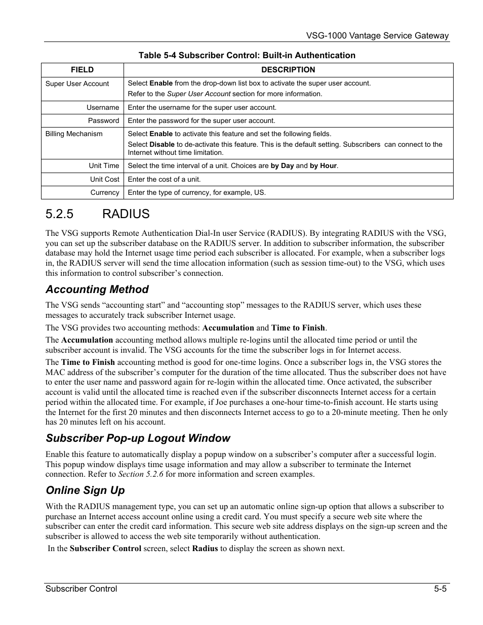 Radius, Accounting method, Subscriber pop-up logout window | Online sign up, 5 radius | ZyXEL Communications ZyXEL Vantage VSG-1000 User Manual | Page 49 / 131