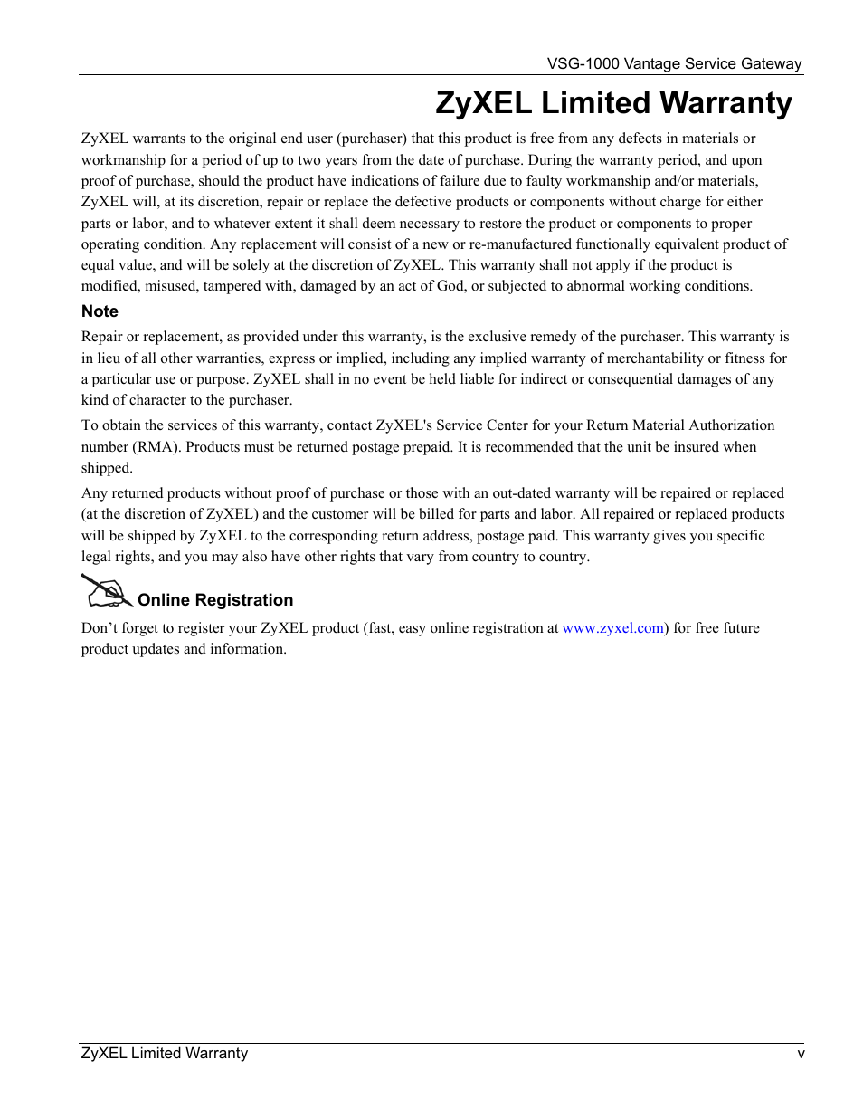 Zyxel limited warranty | ZyXEL Communications ZyXEL Vantage VSG-1000 User Manual | Page 5 / 131