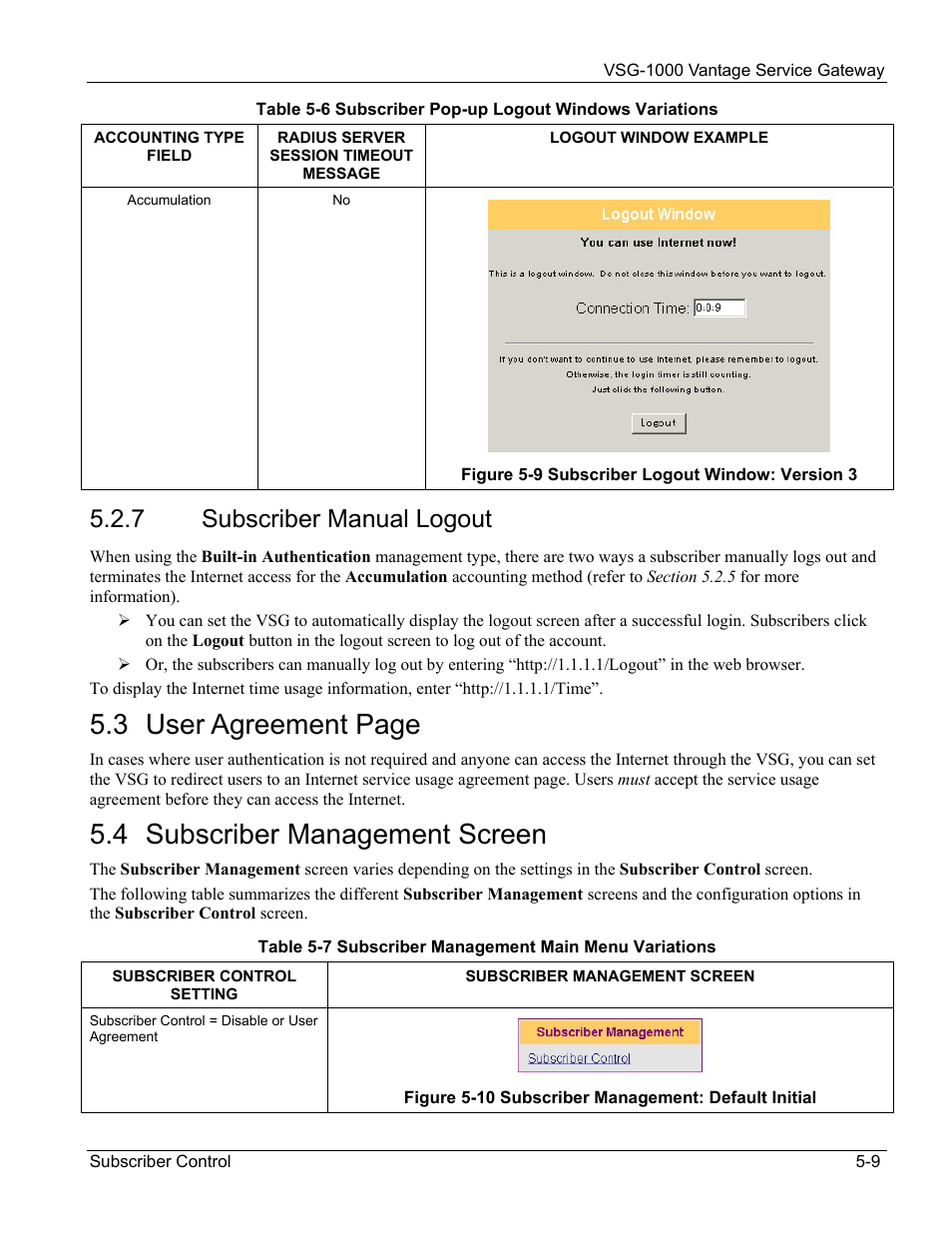 Subscriber manual logout, Subscriber management screen, 3 user agreement page | 4 subscriber management screen, 7 subscriber manual logout | ZyXEL Communications ZyXEL Vantage VSG-1000 User Manual | Page 53 / 131