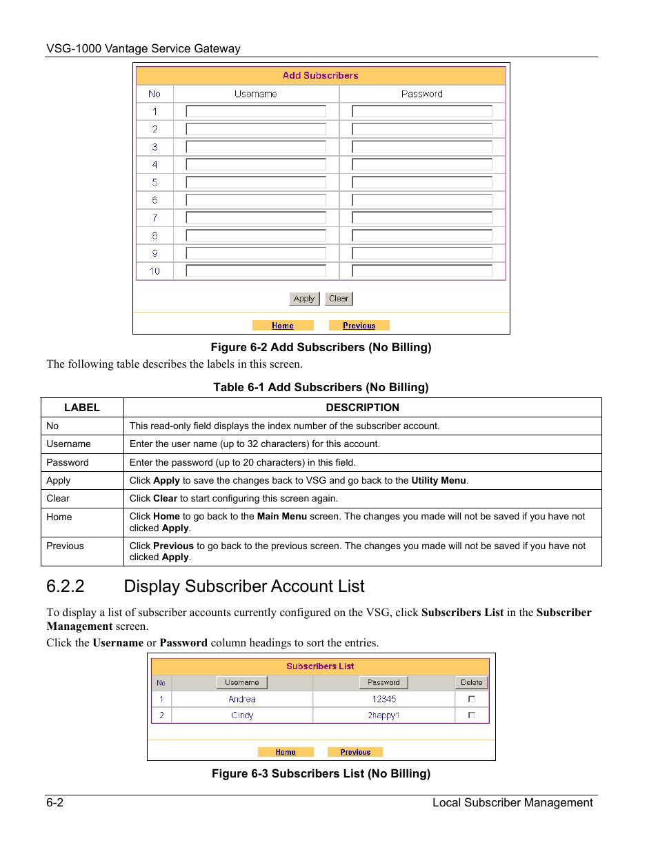 Display subscriber account list, 2 display subscriber account list | ZyXEL Communications ZyXEL Vantage VSG-1000 User Manual | Page 56 / 131