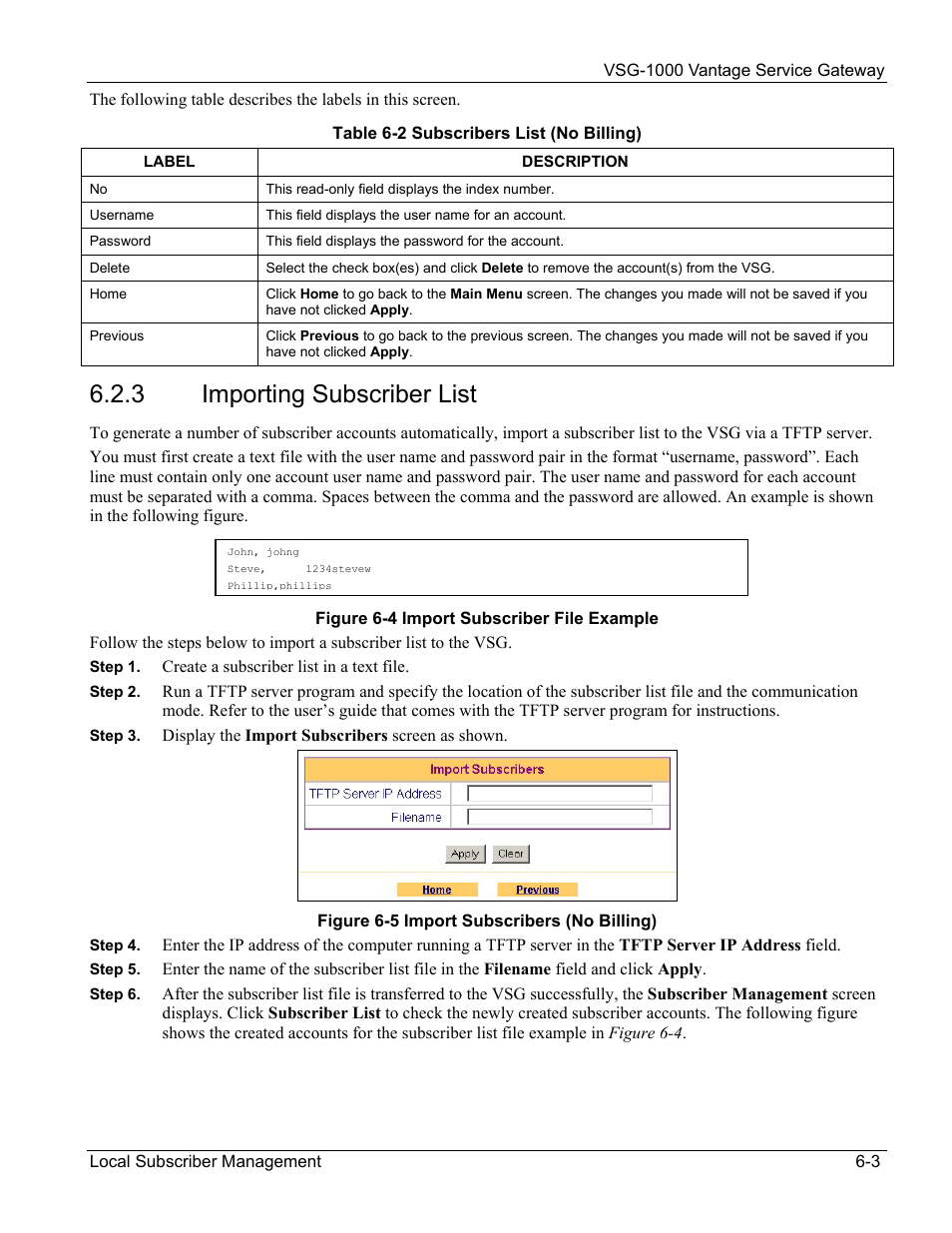 Importing subscriber list, 3 importing subscriber list | ZyXEL Communications ZyXEL Vantage VSG-1000 User Manual | Page 57 / 131