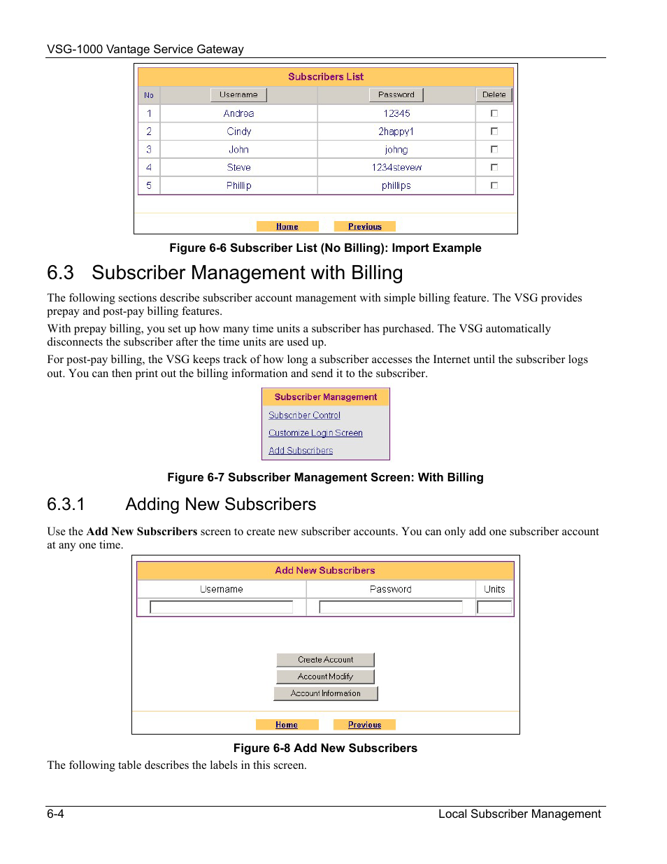 Subscriber management with billing, Adding new subscribers, 3 subscriber management with billing | 1 adding new subscribers | ZyXEL Communications ZyXEL Vantage VSG-1000 User Manual | Page 58 / 131