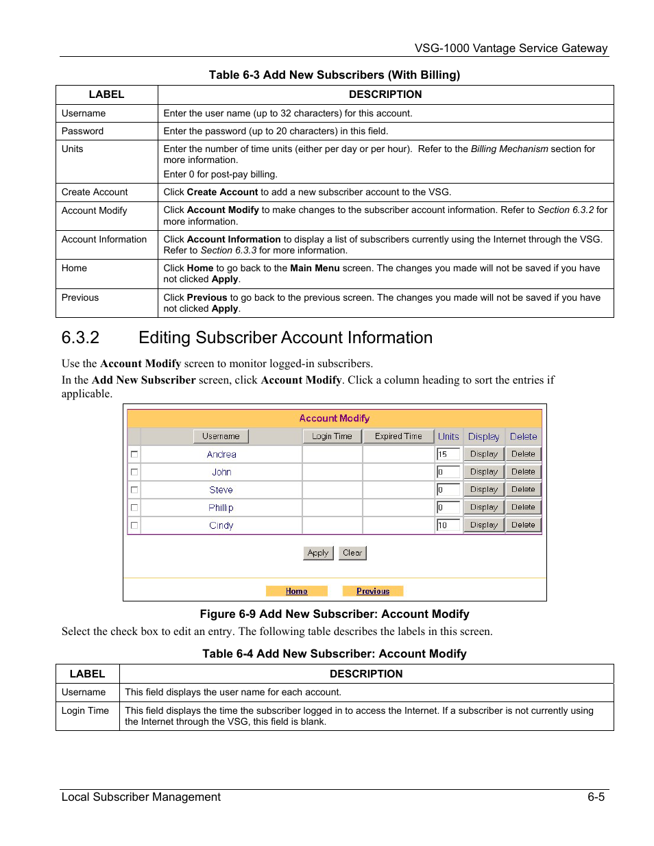 Editing subscriber account information, 2 editing subscriber account information | ZyXEL Communications ZyXEL Vantage VSG-1000 User Manual | Page 59 / 131