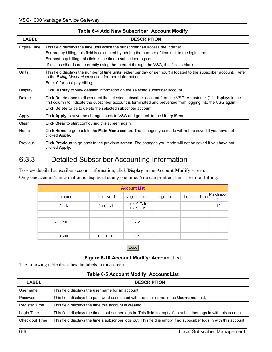 Detailed subscriber accounting information, 3 detailed subscriber accounting information | ZyXEL Communications ZyXEL Vantage VSG-1000 User Manual | Page 60 / 131