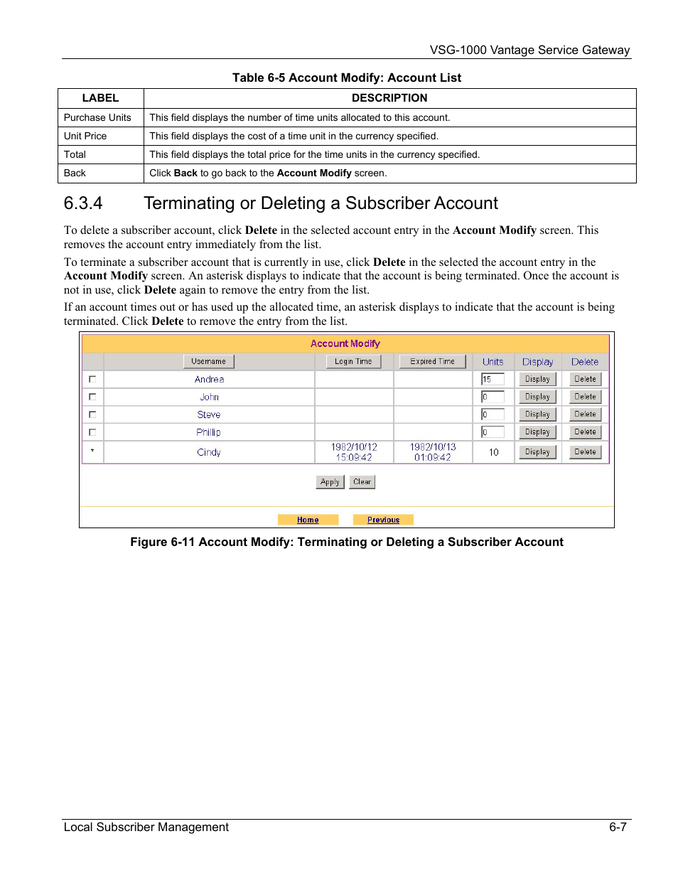 Terminating or deleting a subscriber account, 4 terminating or deleting a subscriber account | ZyXEL Communications ZyXEL Vantage VSG-1000 User Manual | Page 61 / 131