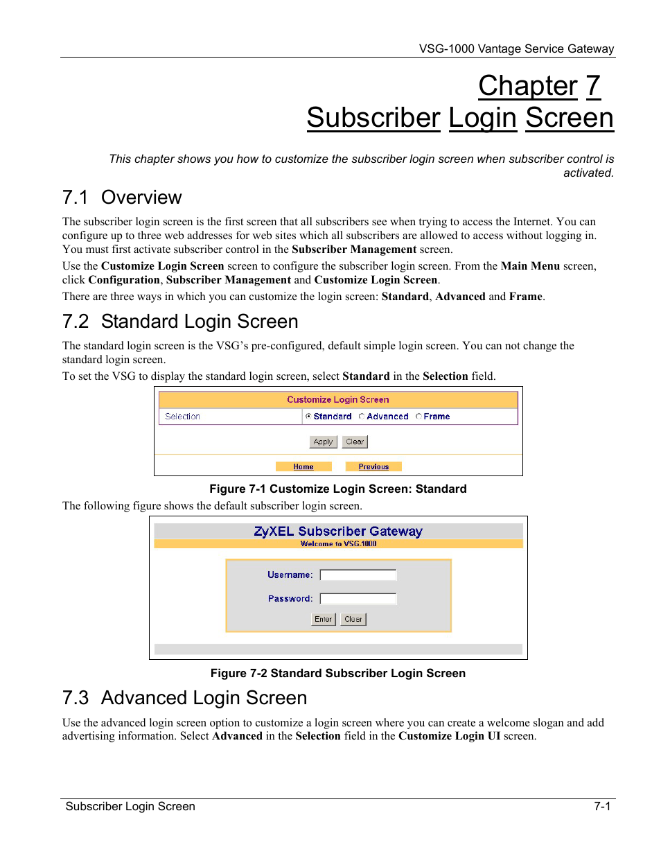 Subscriber login screen, Overview, Standard login screen | Advanced login screen, Chapter 7 subscriber login screen, 1 overview, 2 standard login screen, 3 advanced login screen | ZyXEL Communications ZyXEL Vantage VSG-1000 User Manual | Page 65 / 131