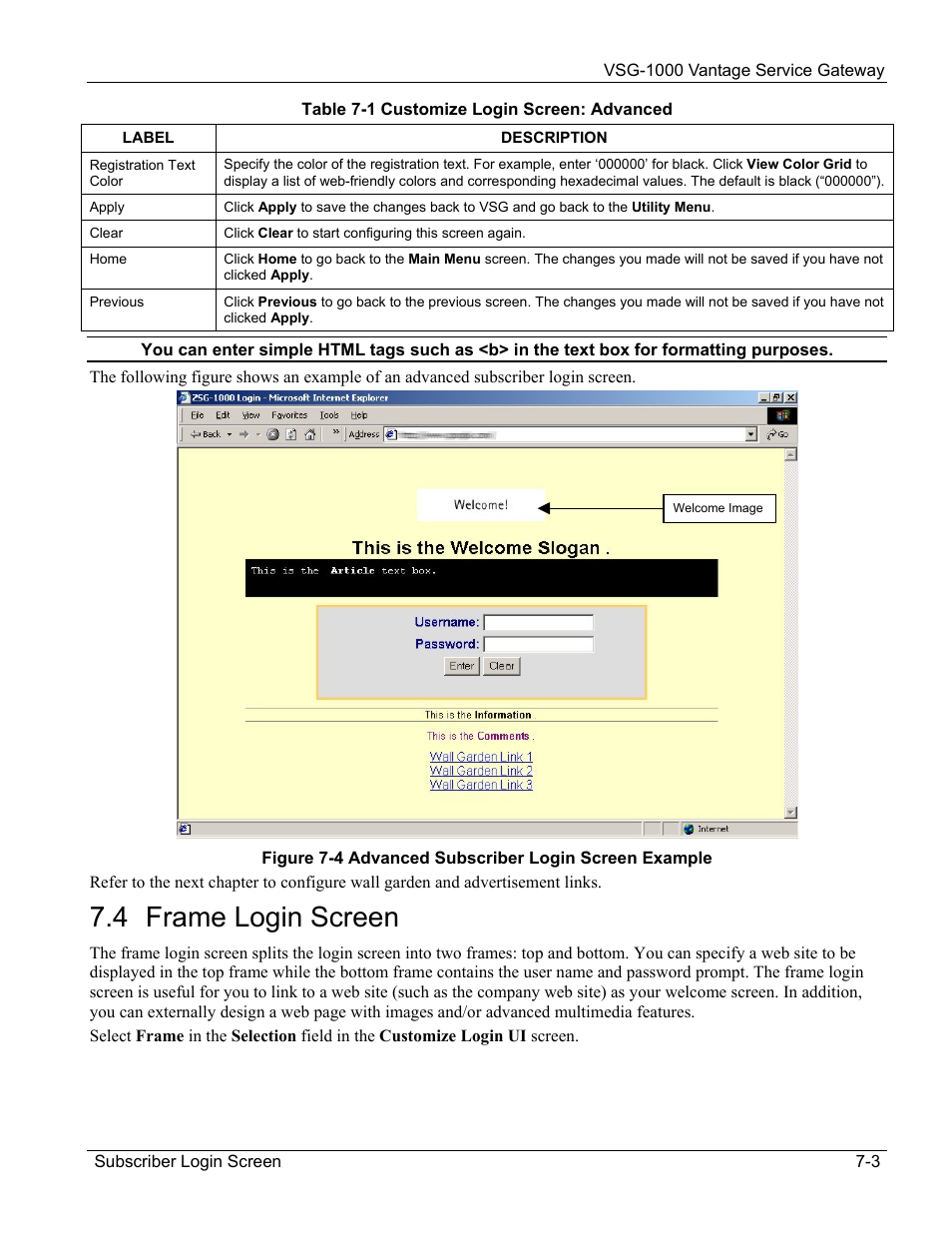 Frame login screen, 4 frame login screen | ZyXEL Communications ZyXEL Vantage VSG-1000 User Manual | Page 67 / 131