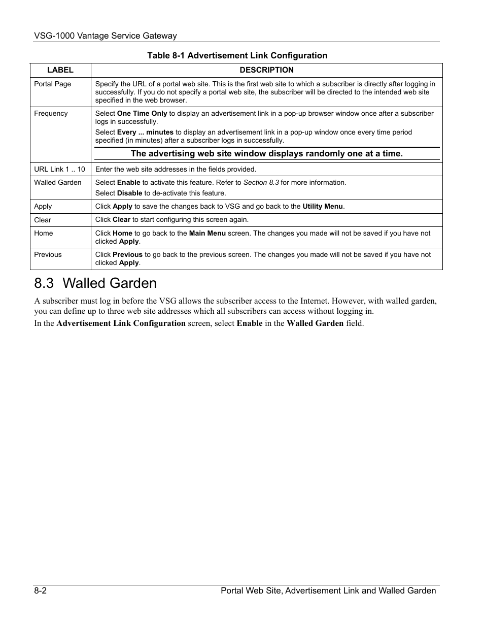 Walled garden, 3 walled garden | ZyXEL Communications ZyXEL Vantage VSG-1000 User Manual | Page 72 / 131