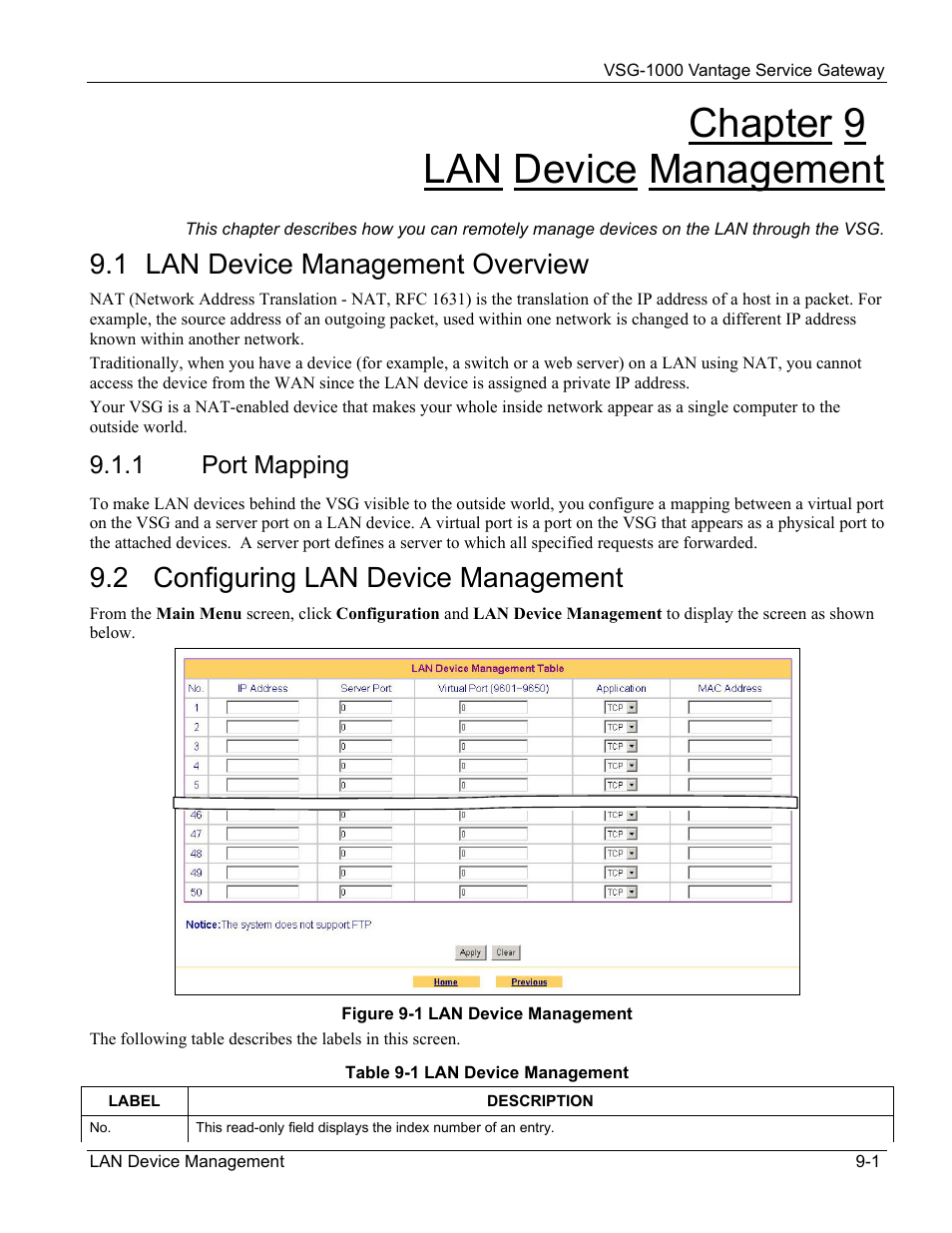 Lan device management, Lan device management overview, Port mapping | Configuring lan device management, Chapter 9 lan device management, 1 lan device management overview, 2 configuring lan device management | ZyXEL Communications ZyXEL Vantage VSG-1000 User Manual | Page 75 / 131