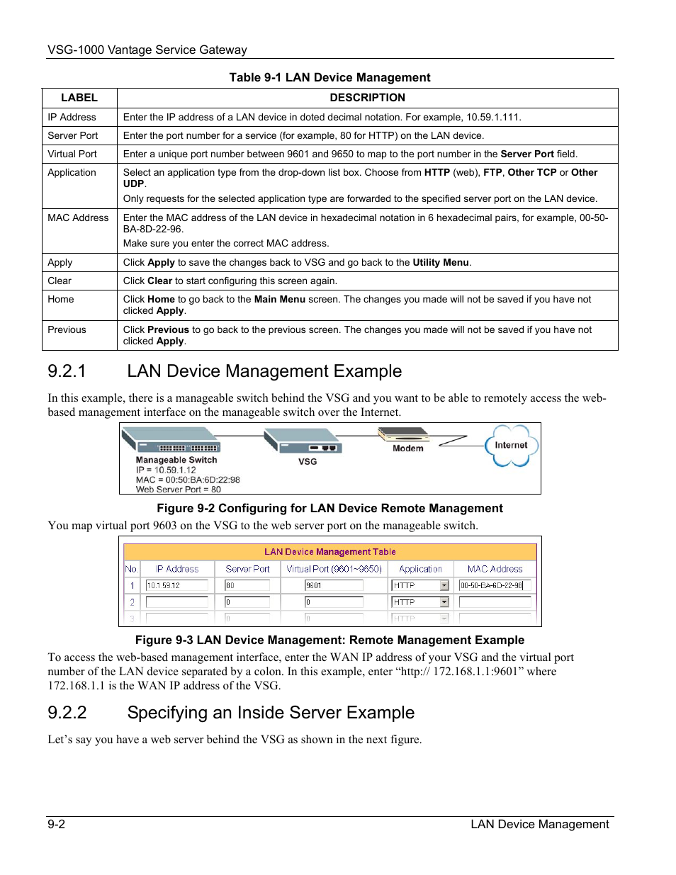 Lan device management example, Specifying an inside server example, 1 lan device management example | 2 specifying an inside server example | ZyXEL Communications ZyXEL Vantage VSG-1000 User Manual | Page 76 / 131