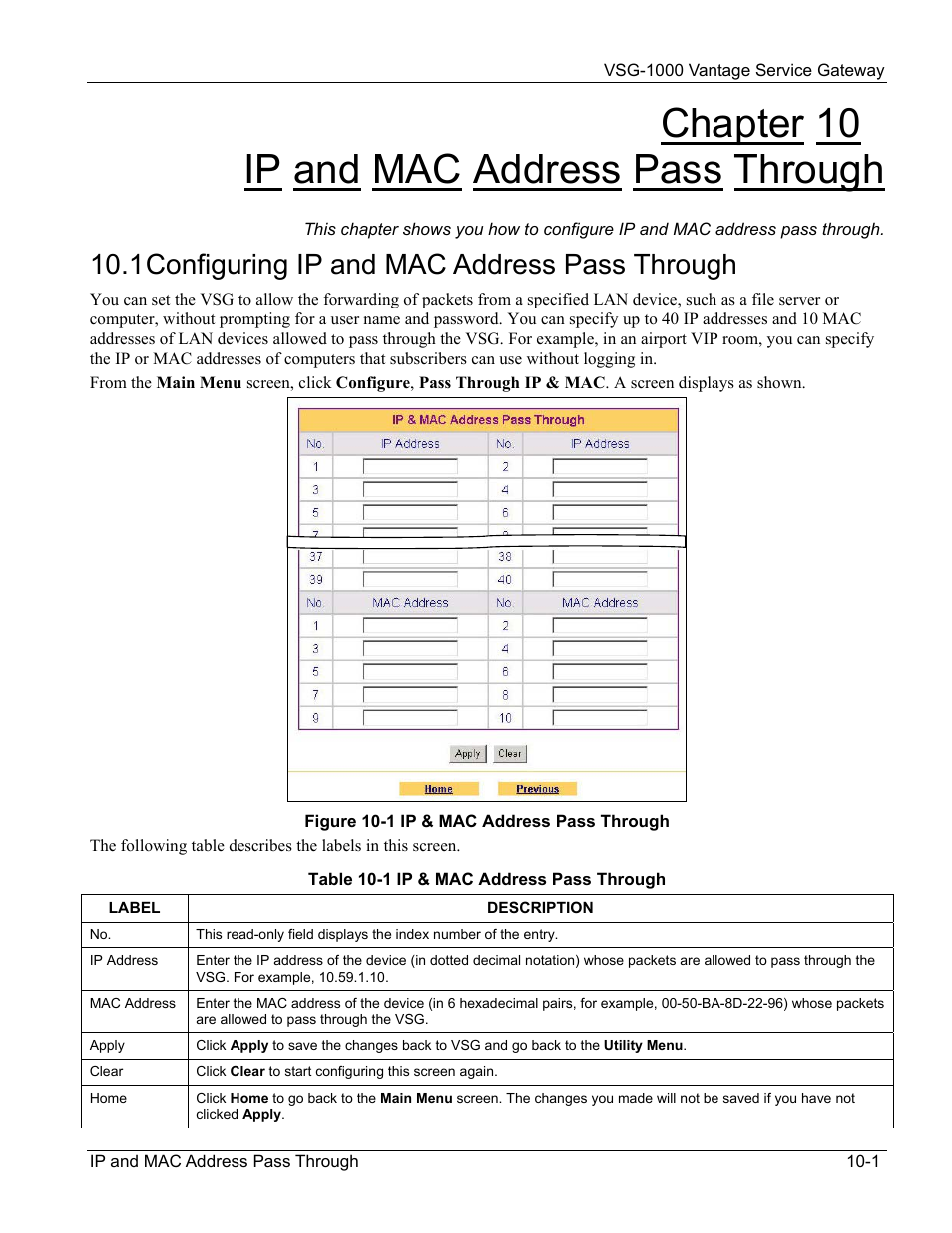 Ip and mac address pass through, Configuring ip and mac address pass through, Chapter 10 ip and mac address pass through | 1 configuring ip and mac address pass through | ZyXEL Communications ZyXEL Vantage VSG-1000 User Manual | Page 79 / 131